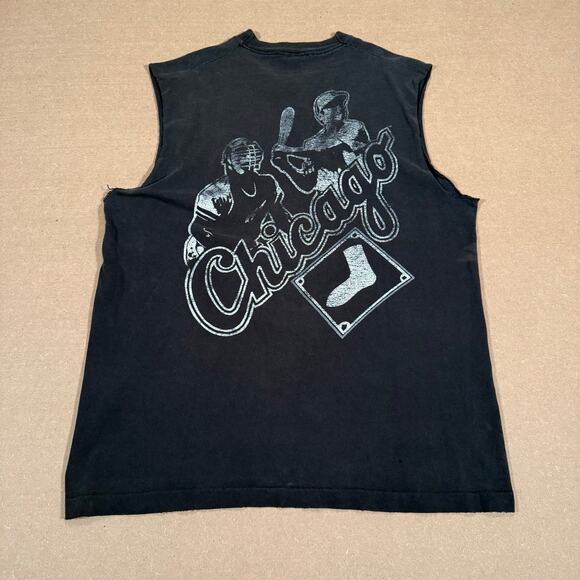 Vintage 90s Chicago White Sox Sleeveless Shirt Black Distressed Majestic MLB - Picture 2 of 8